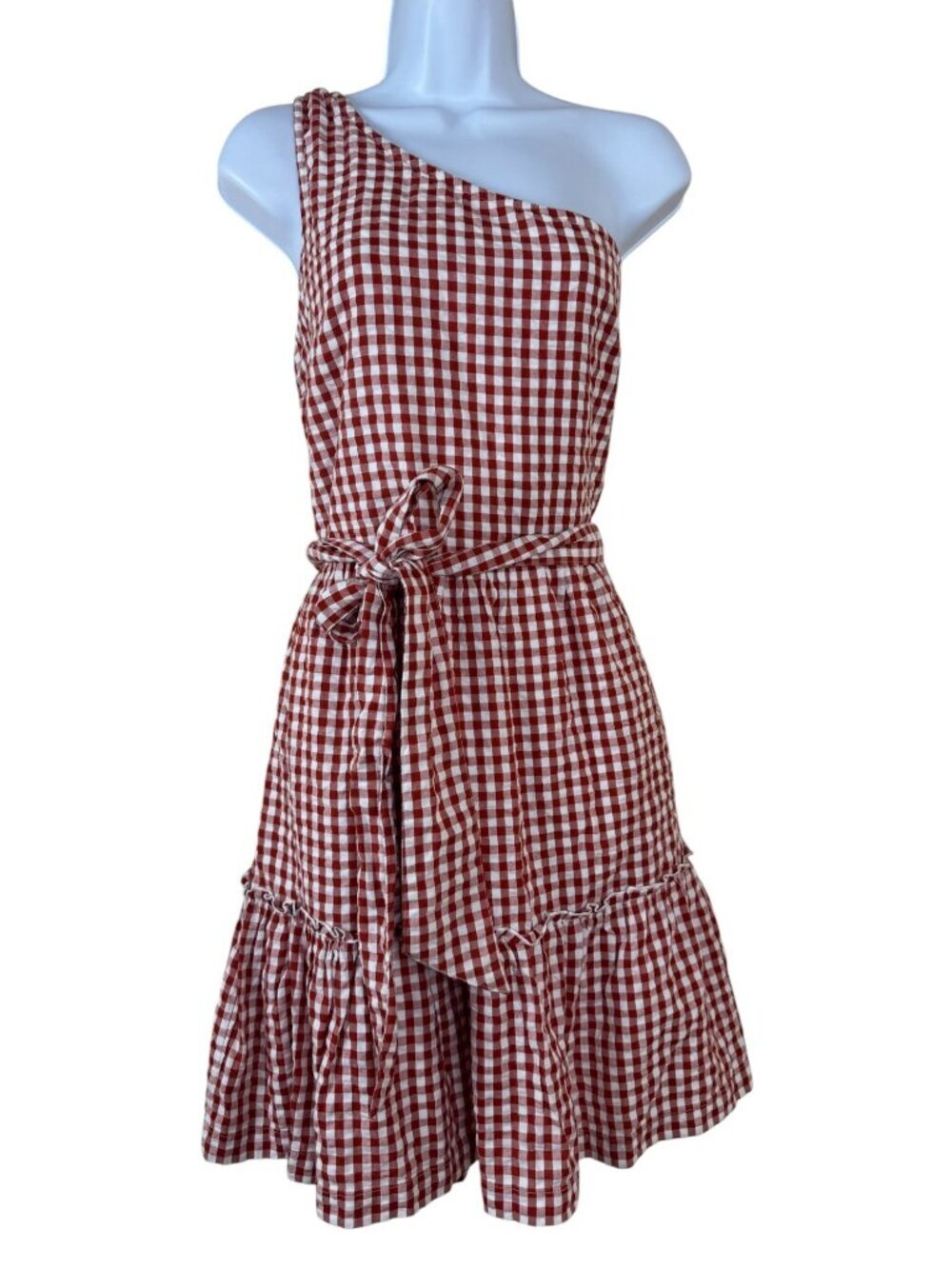 Crown & Ivy NEW Gingham One Shoulder Mini Dress Size 10 Rust Red Cottagecore Tie